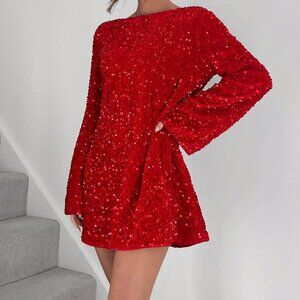 Red Party Women's Sequin Embellished Round Neck Long Sleeve Mini Dress